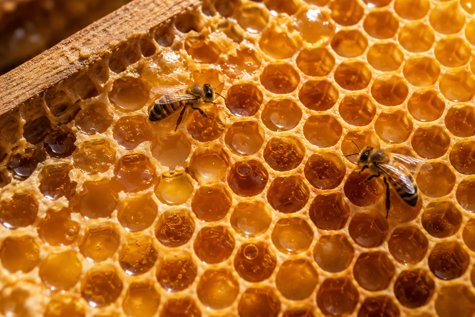 Macro view of bees on a golden honeycomb