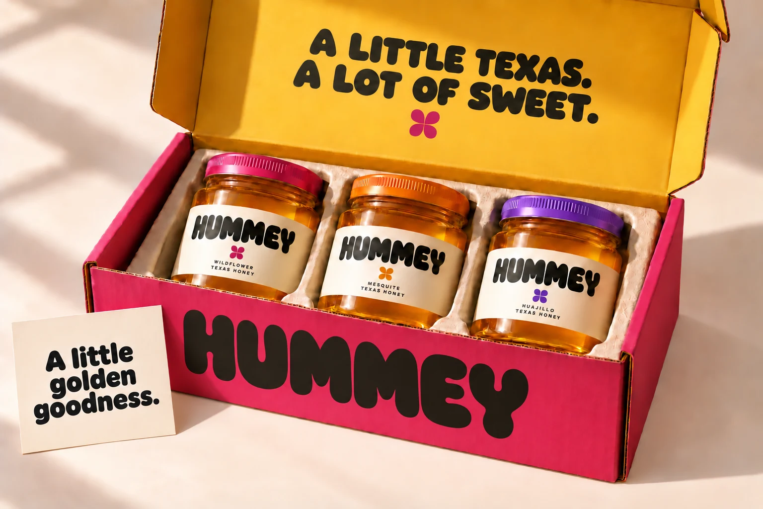 HUMMEY trio gift box, with raspberry, orange and violet-lidded jars in molded pulp dividers